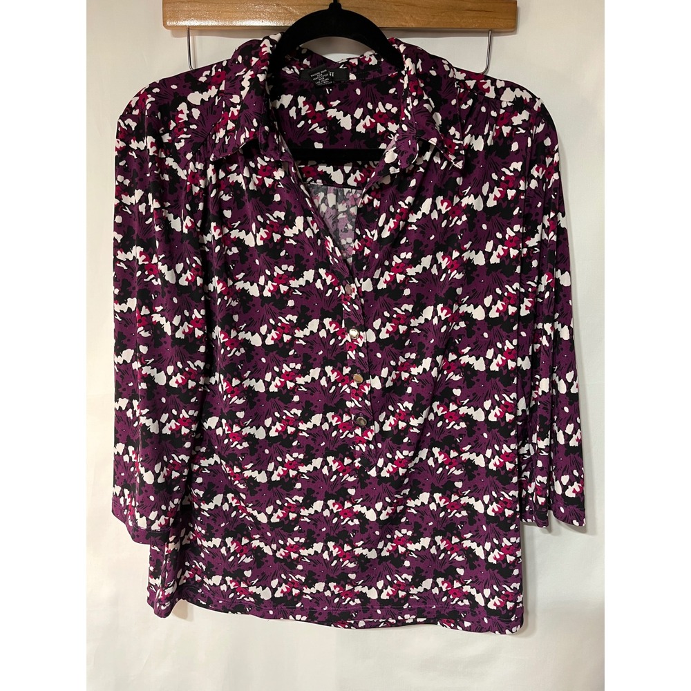 Alfani Women's Purple Floral Print‎ 3/4 Sleeve Button Down Shirt Top Large